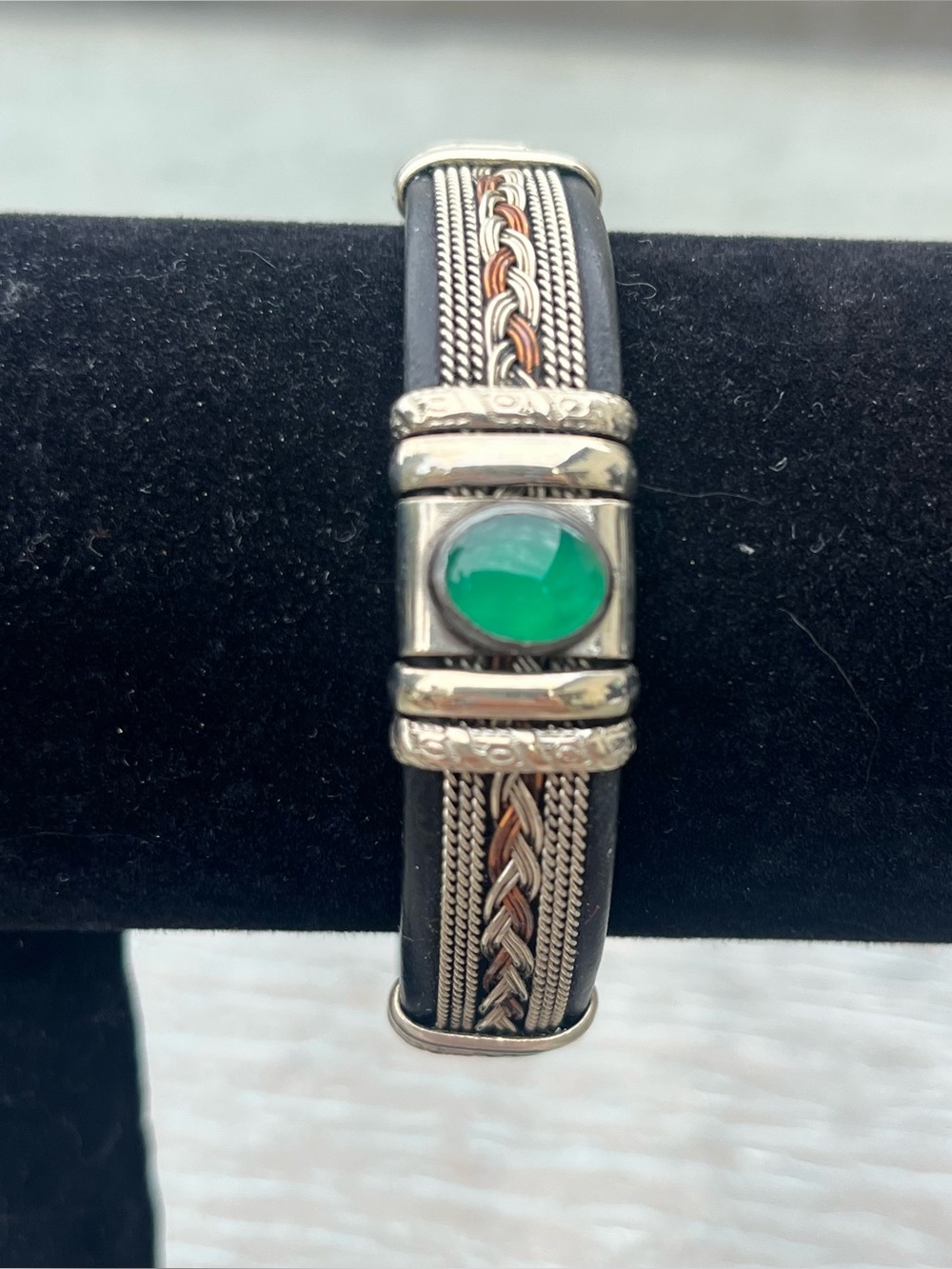 Leather Wrapped Wire Weave Cuff Bracelet Green Stone Adjustable Unisex